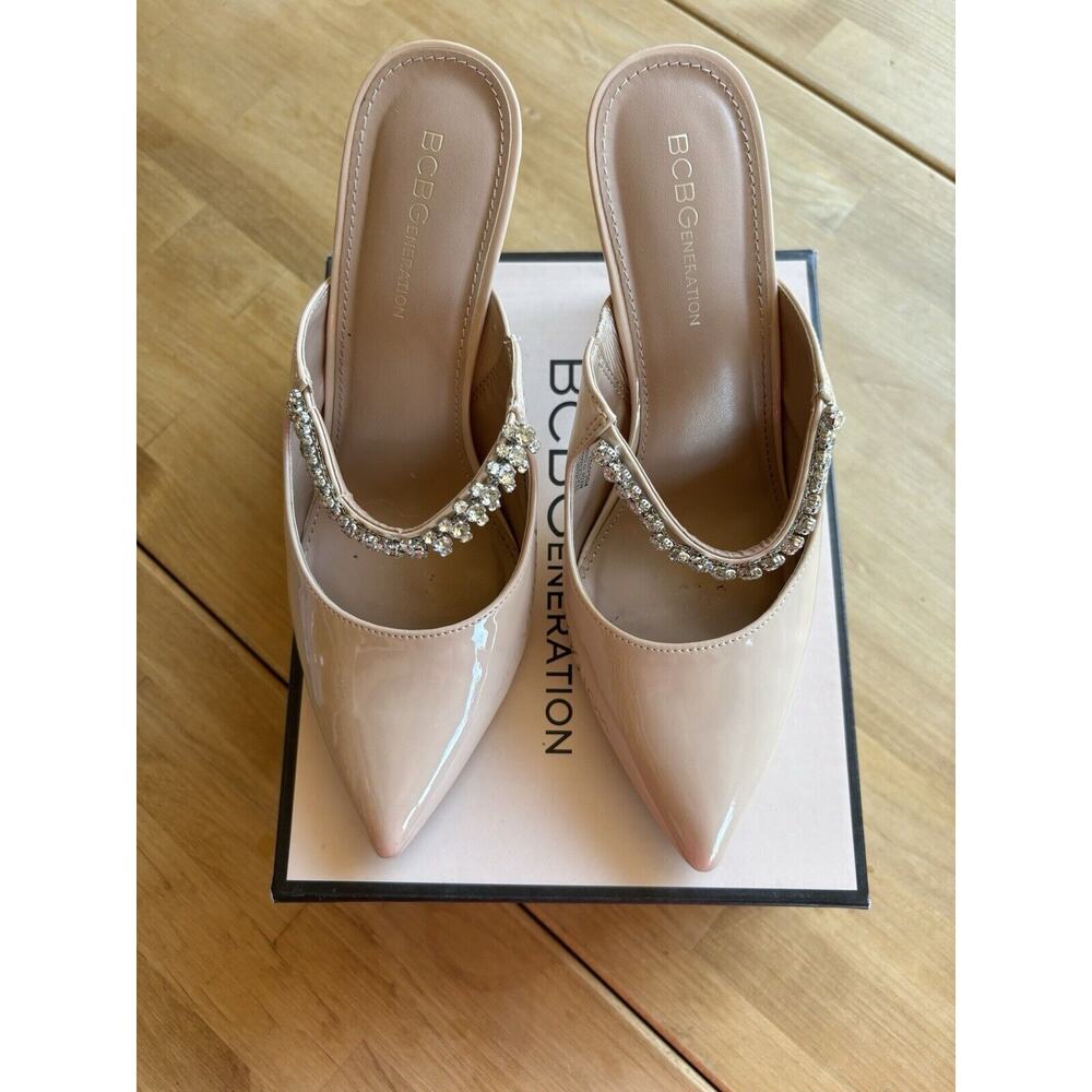 BCBG Nude/Blush Patent Pointed Toe Heeled Mules with Crystal Strap